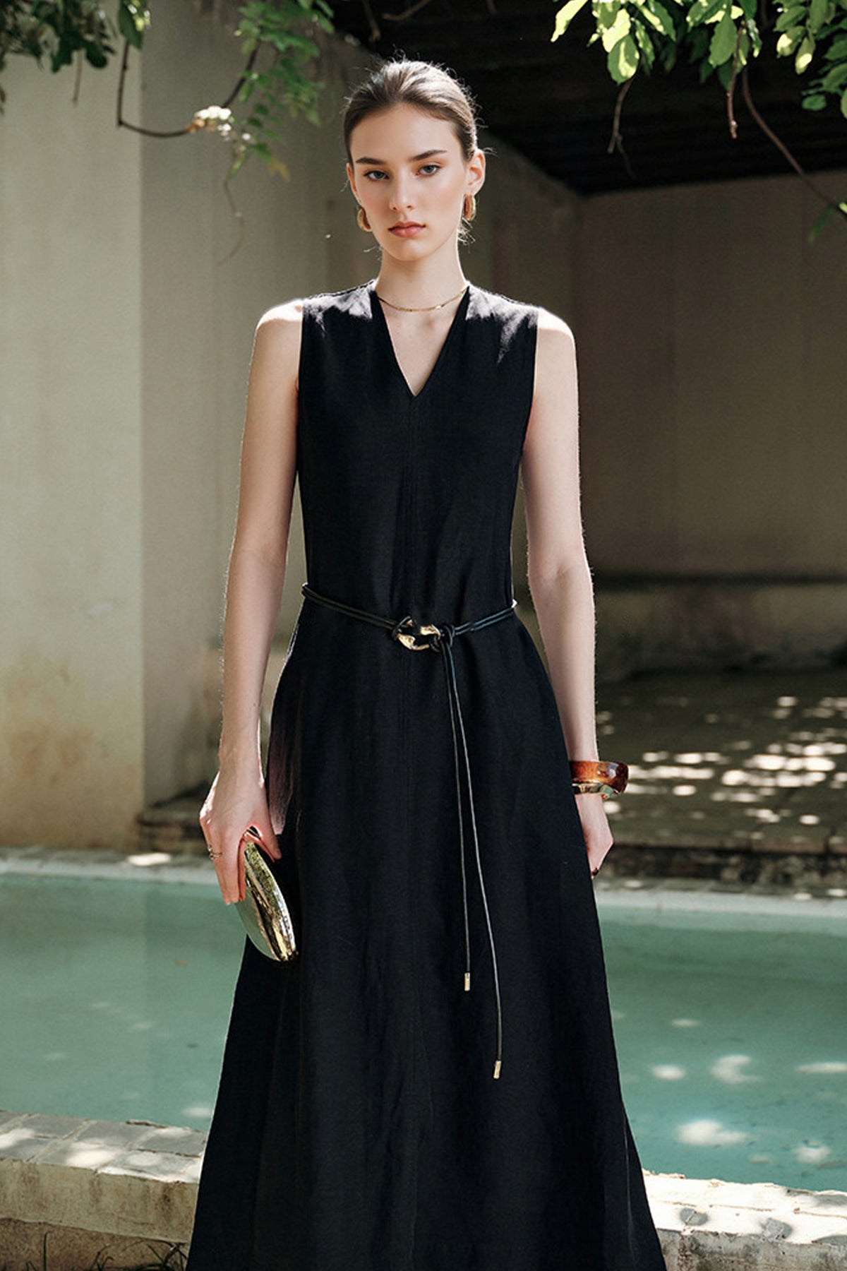 linen sleeveless a line dress French Connection Women's V-Neck Sleeveless Mini Dress - Poolside Blue