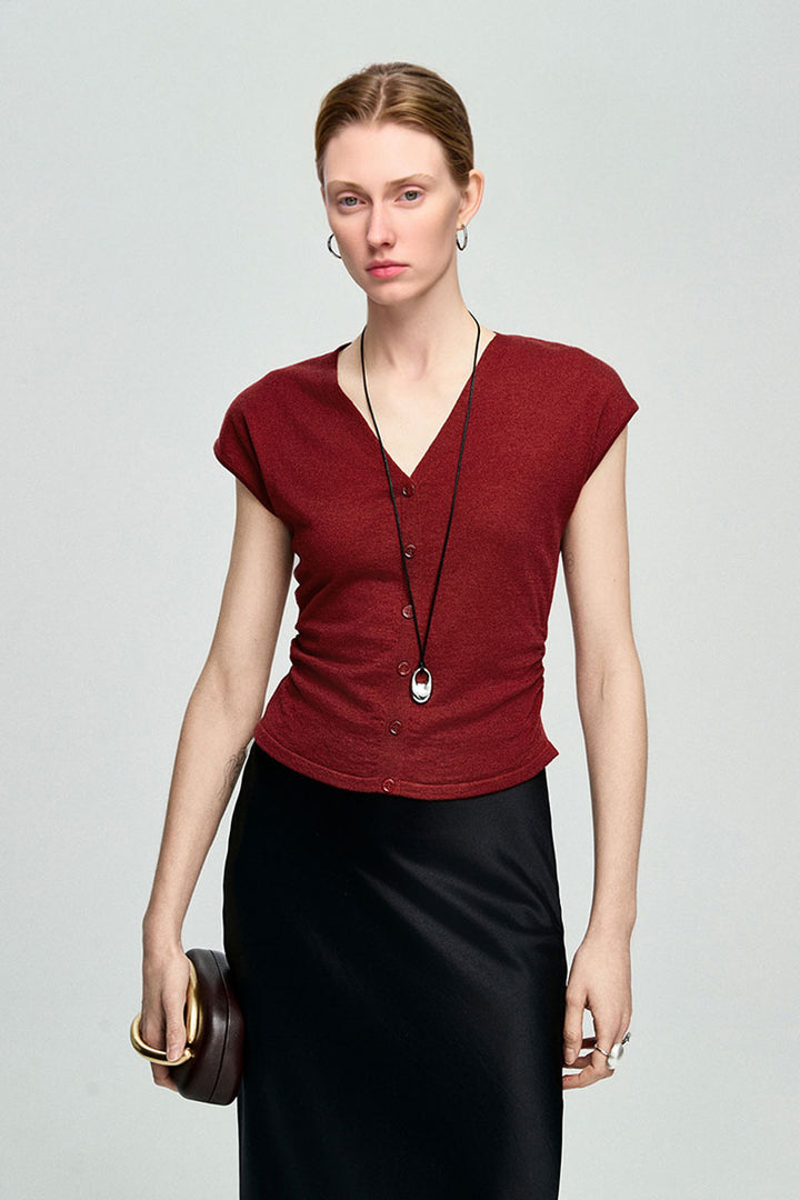 Slim Fit Wool-Blend Cap-Sleeve V-Neck Pullover T-Shirt with Ruched Waist L / Crimson Red / 44% Acrylic 30% Wool 26% Nylon Fibflx