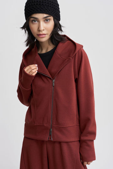 Fibflx Women's Soft Acetate-Cashmere Blend Asymmetric Zip Up Hooded Sweatshirt with Thumb Holes