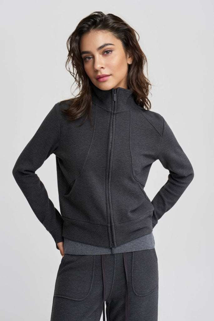 Fibflx Women's Soft Acetate-Cashmere Blend Double Zip Funnel Neck Sweatshirt with Thumb Holes