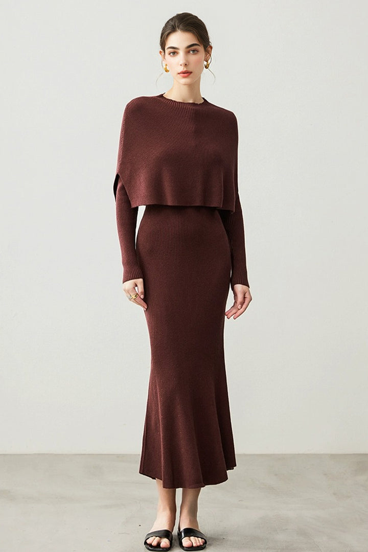 Soft Ribbed Long Sleeve Maxi Sweater Dress with Poncho  Fibflx