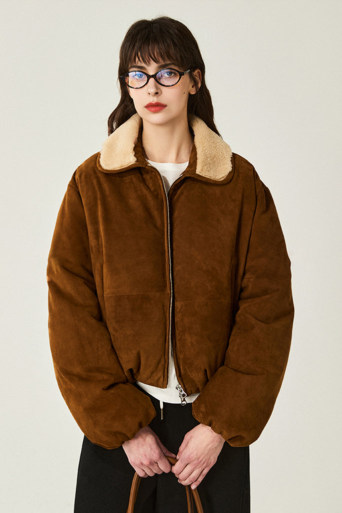 South African Suede Shearling Puffer Jacket with Merino Collar  Fibflx