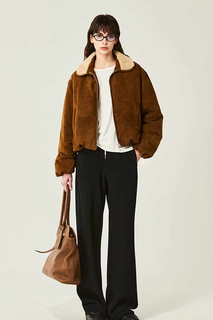 South African Suede Shearling Puffer Jacket with Merino Collar  Fibflx
