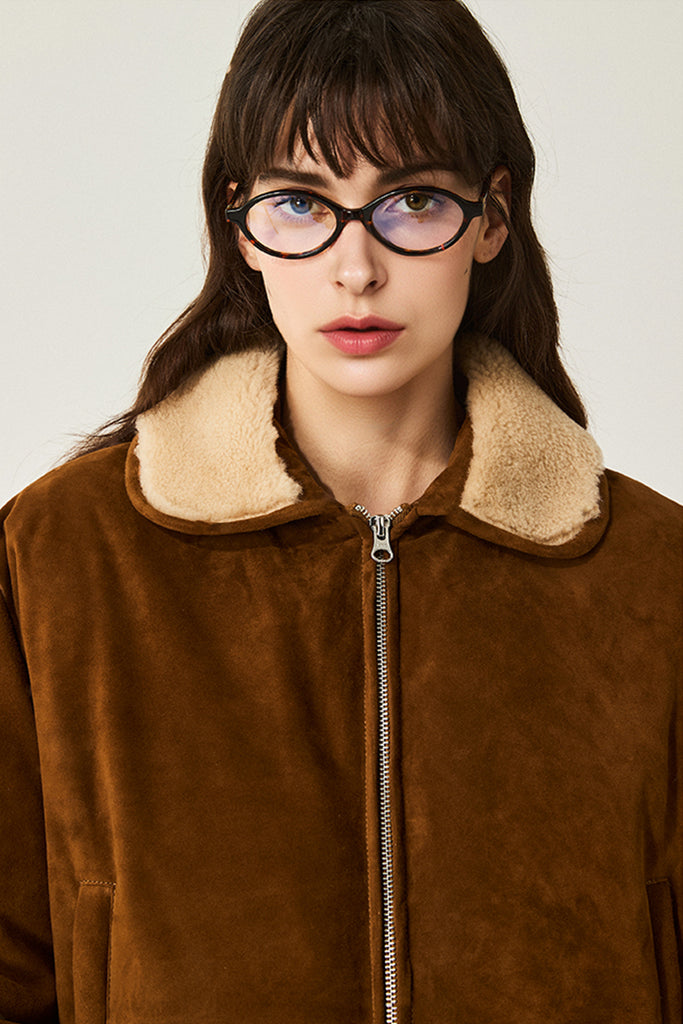 South African Suede Shearling Puffer Jacket with Merino Collar  Fibflx