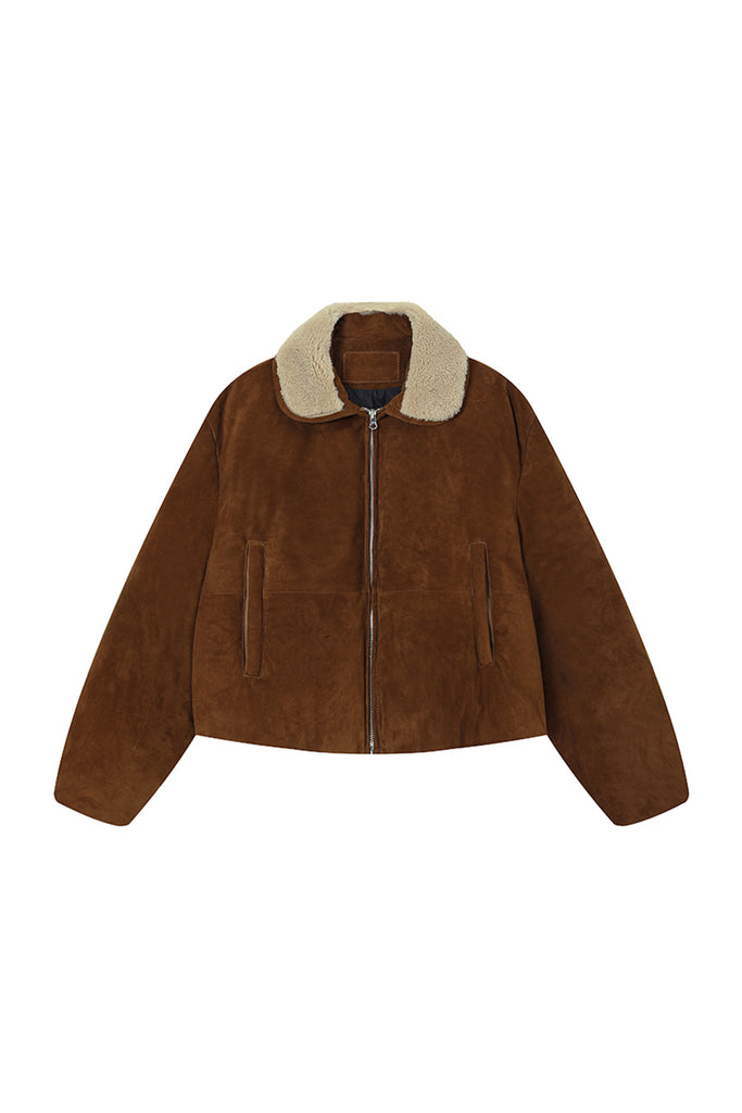 South African Suede Shearling Puffer Jacket with Merino Collar  Fibflx