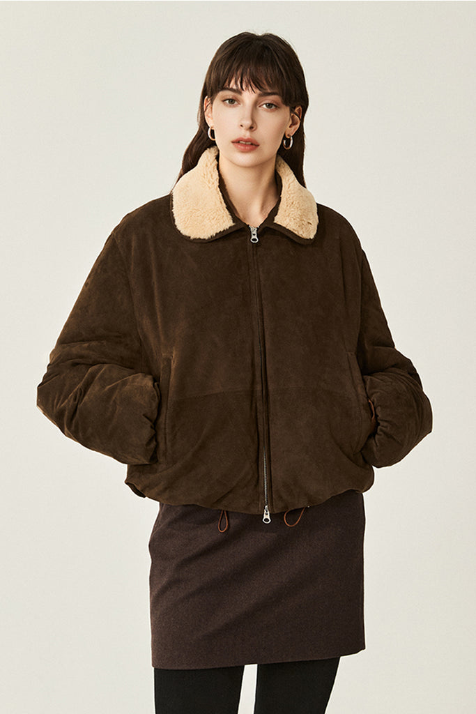 South African Suede Shearling Puffer Jacket with Merino Collar  Fibflx