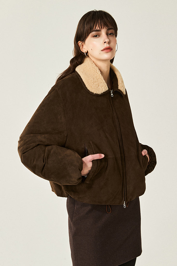 South African Suede Shearling Puffer Jacket with Merino Collar  Fibflx
