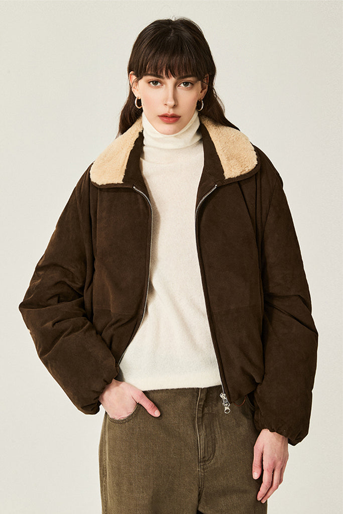 South African Suede Shearling Puffer Jacket with Merino Collar  Fibflx