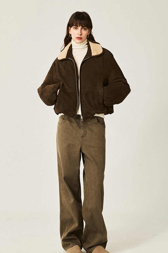 South African Suede Shearling Puffer Jacket with Merino Collar  Fibflx