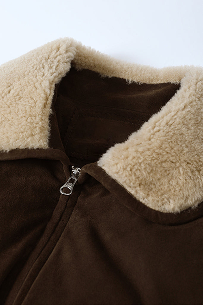South African Suede Shearling Puffer Jacket with Merino Collar  Fibflx