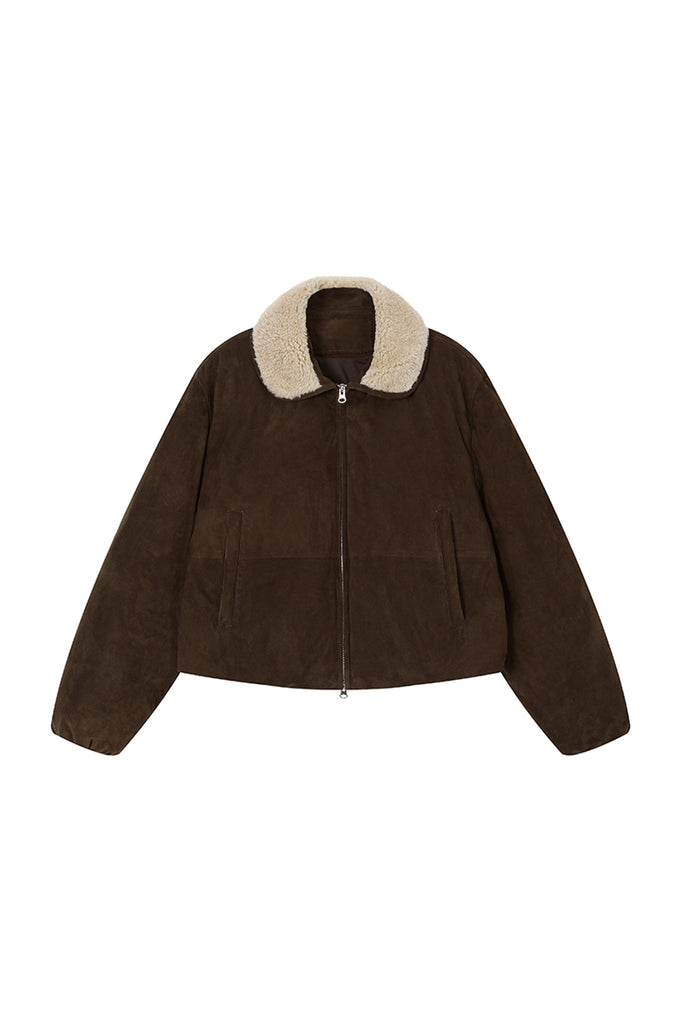 South African Suede Shearling Puffer Jacket with Merino Collar  Fibflx