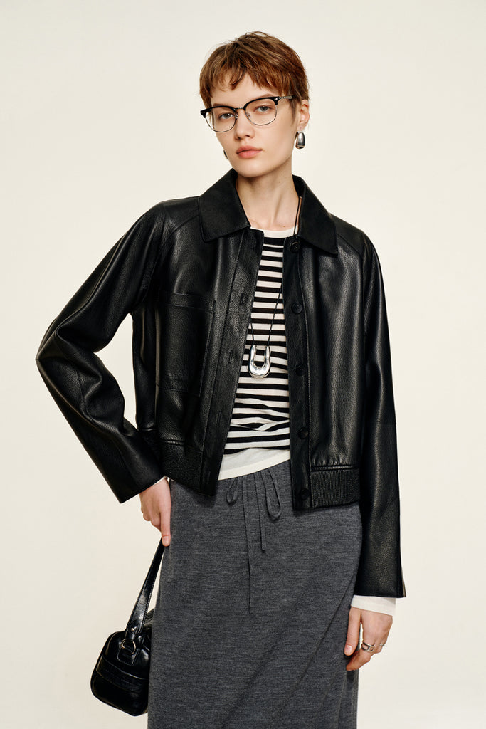 Spanish Lambskin Leather Button-Up Bomber Jacket  Fibflx