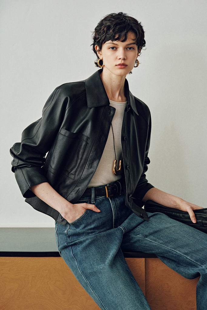 Spanish Lambskin Leather Button-Up Bomber Jacket  Fibflx