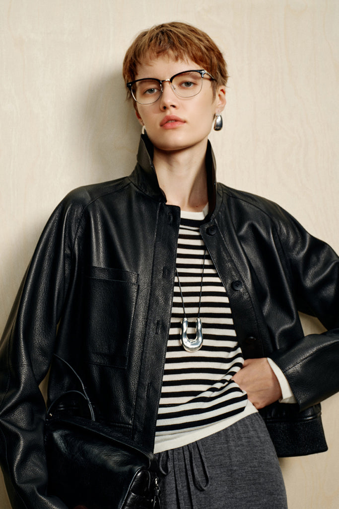 Spanish Lambskin Leather Button-Up Bomber Jacket  Fibflx