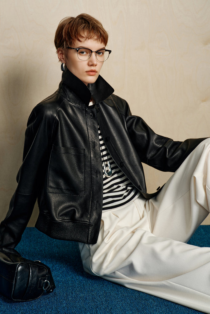 Spanish Lambskin Leather Button-Up Bomber Jacket  Fibflx