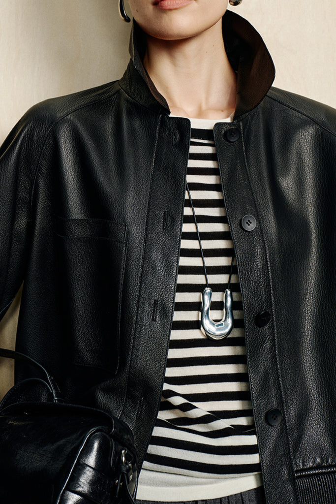 Spanish Lambskin Leather Button-Up Bomber Jacket  Fibflx