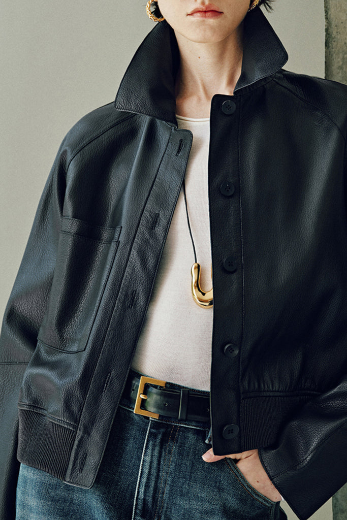 Spanish Lambskin Leather Button-Up Bomber Jacket  Fibflx