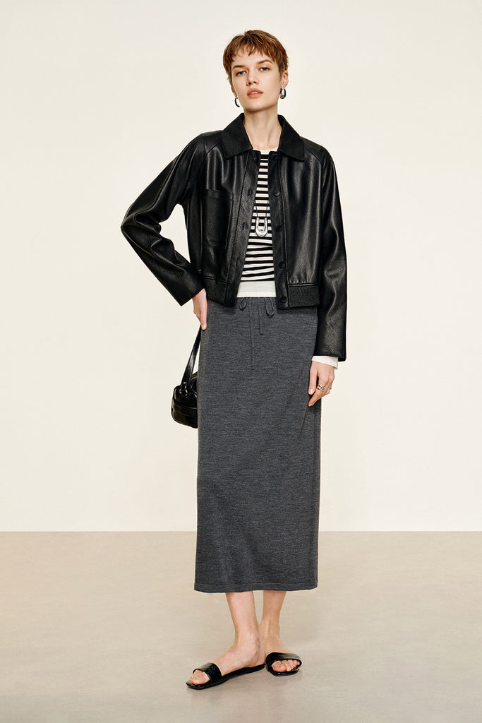 Spanish Lambskin Leather Button-Up Bomber Jacket  Fibflx