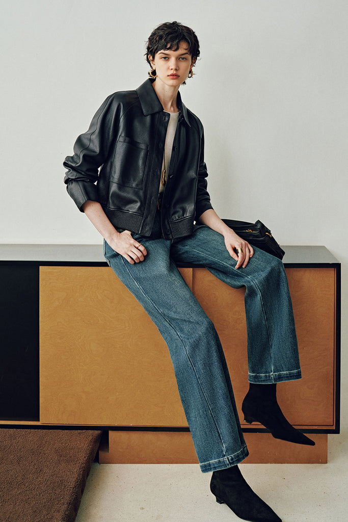 Spanish Lambskin Leather Button-Up Bomber Jacket  Fibflx