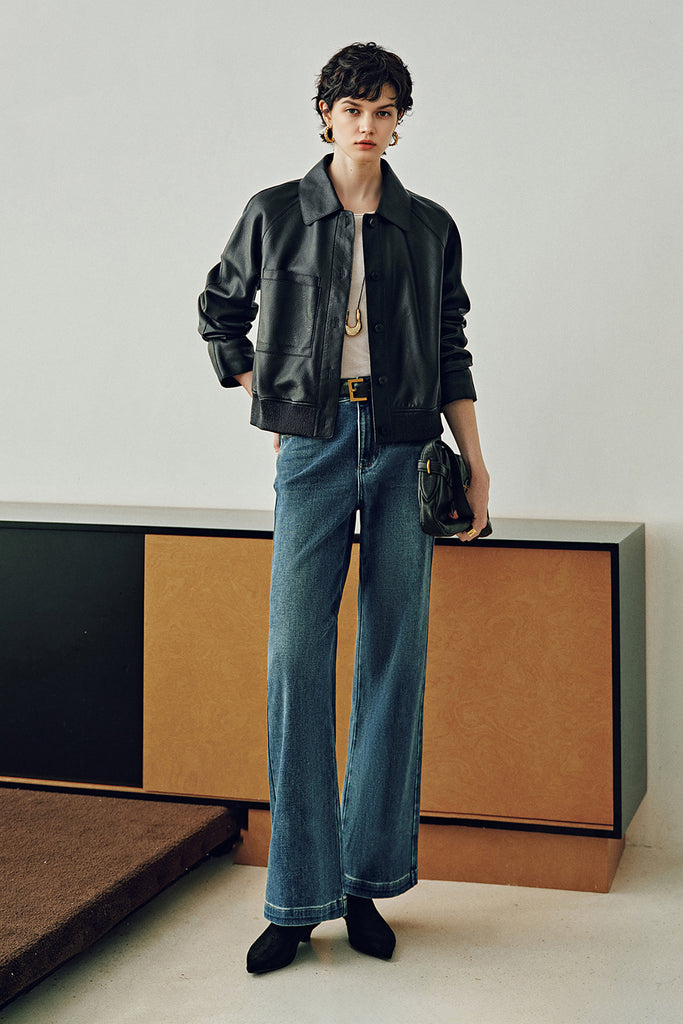 Spanish Lambskin Leather Button-Up Bomber Jacket  Fibflx