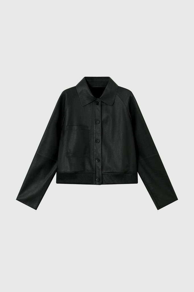 Spanish Lambskin Leather Button-Up Bomber Jacket  Fibflx