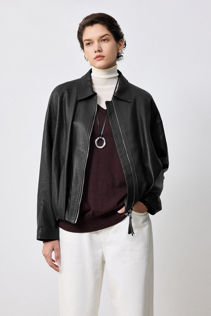 Spanish Lambskin Leather Double-Zip Bomber Jacket  Fibflx