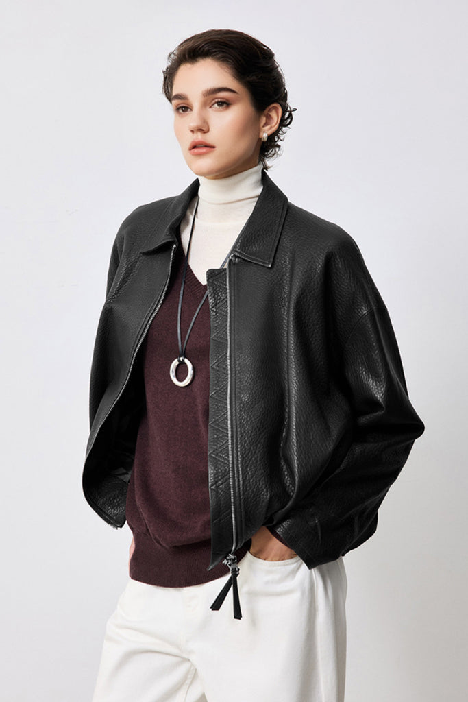 Spanish Lambskin Leather Double-Zip Bomber Jacket  Fibflx