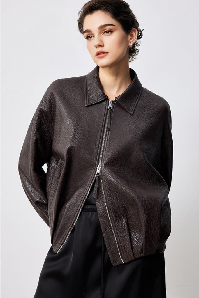 Spanish Lambskin Leather Double-Zip Bomber Jacket  Fibflx