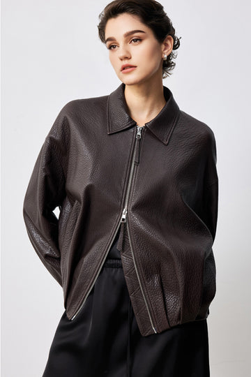 Spanish Lambskin Leather Double-Zip Bomber Jacket  Fibflx
