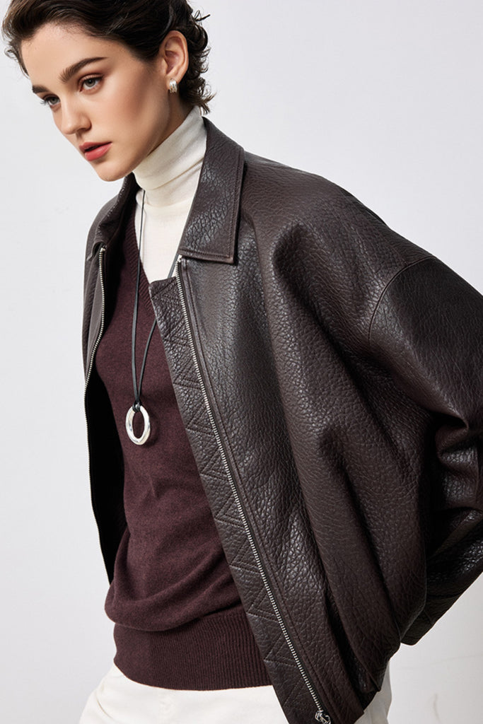 Spanish Lambskin Leather Double-Zip Bomber Jacket  Fibflx