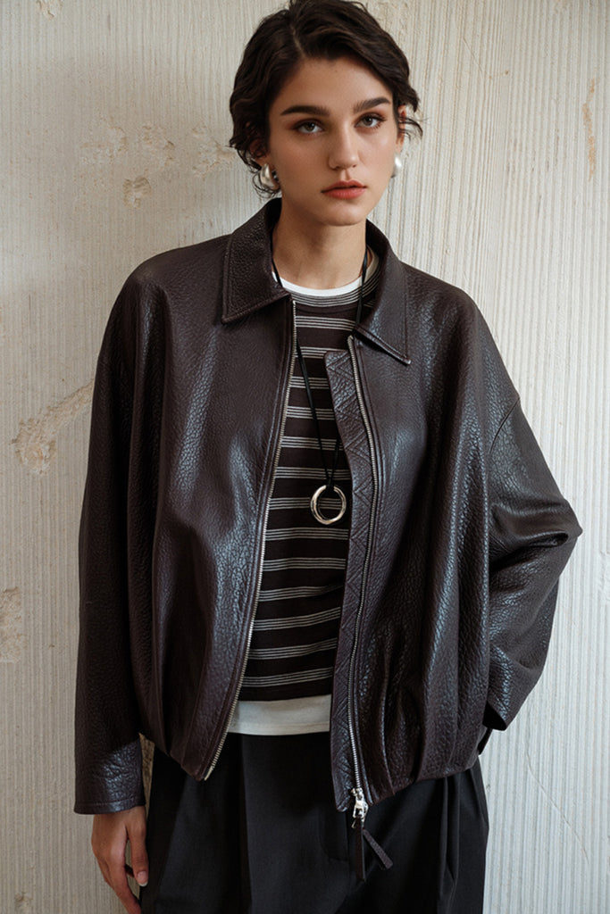 Spanish Lambskin Leather Double-Zip Bomber Jacket  Fibflx