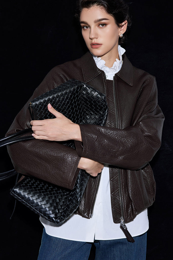 Spanish Lambskin Leather Double-Zip Bomber Jacket  Fibflx