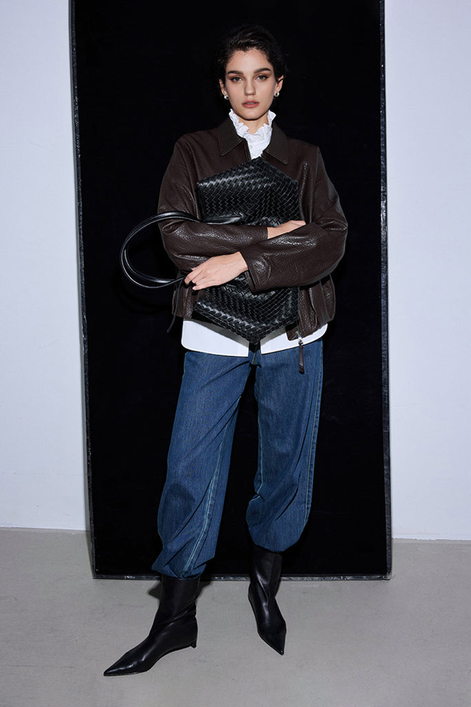 Spanish Lambskin Leather Double-Zip Bomber Jacket  Fibflx