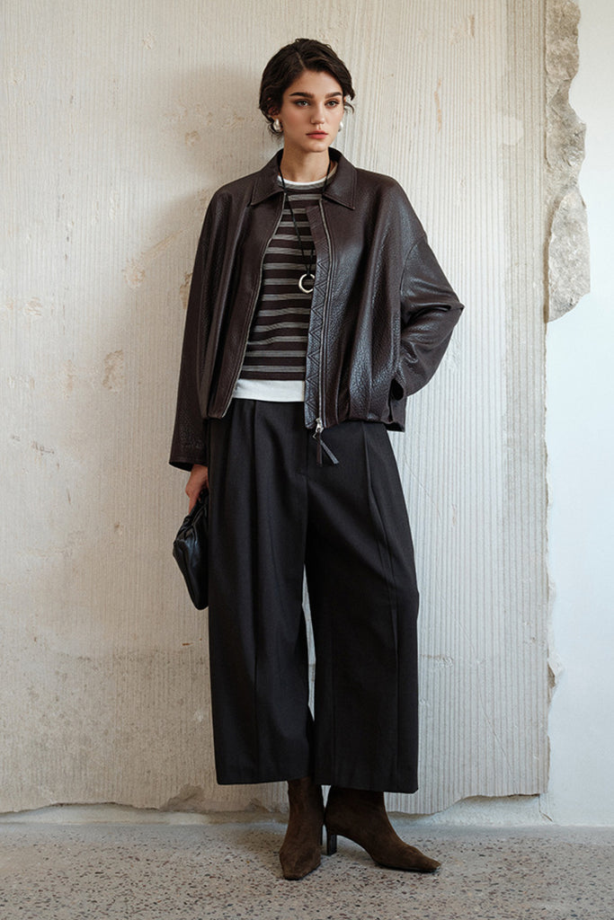 Spanish Lambskin Leather Double-Zip Bomber Jacket  Fibflx