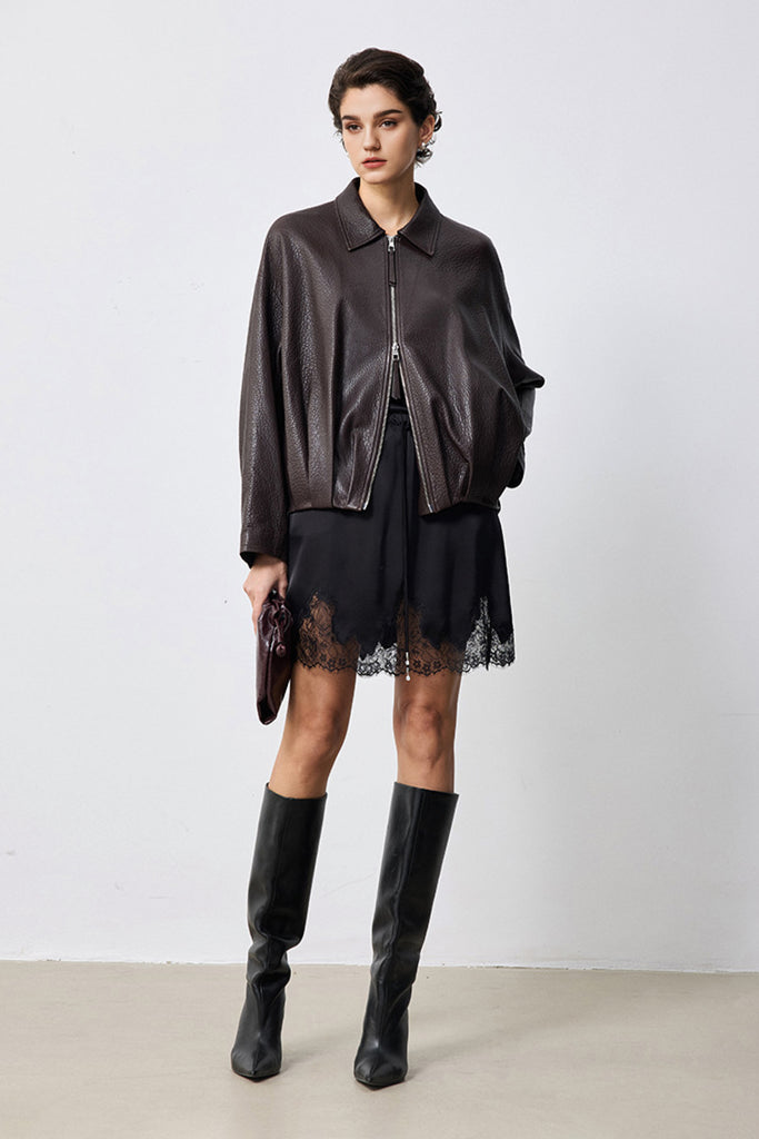 Spanish Lambskin Leather Double-Zip Bomber Jacket  Fibflx