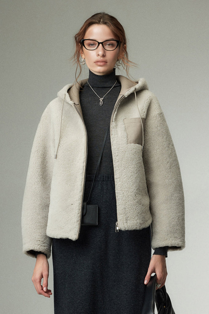 Spanish Merino Shearling Sheepskin Hooded Jacket Fibflx