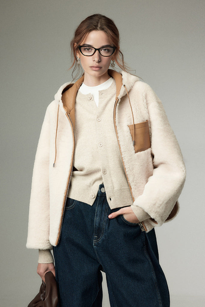 Spanish Merino Shearling Sheepskin Hooded Jacket Fibflx