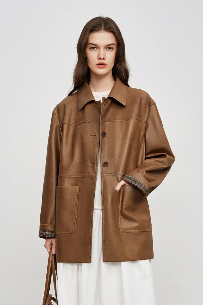 Spanish Sheepskin Leather Shirt Jacket with Plaid Cuff  Fibflx