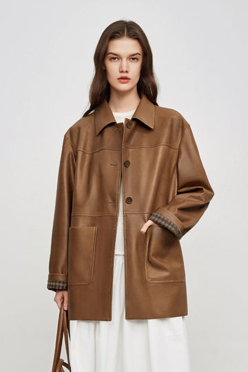 Spanish Sheepskin Leather Shirt Jacket with Plaid Cuff  Fibflx