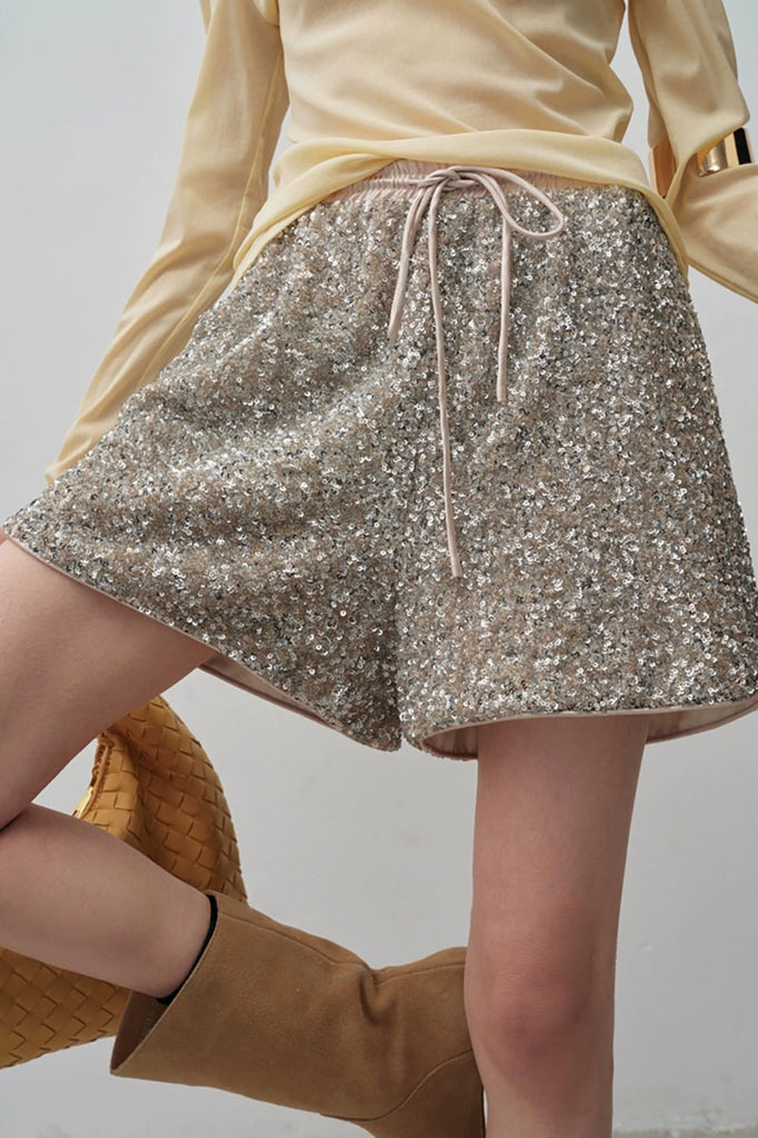 Fibflx Women's Sparkly Sequin High-Waisted Drawstring Shorts