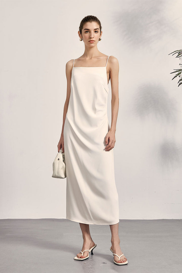 Square Neck Midi Slip Dress with Side Slit S / Black / 100% Recycled Polyester