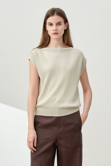Starlight Ribbed Boatneck Cap-Sleeve Sweater - Fibflx