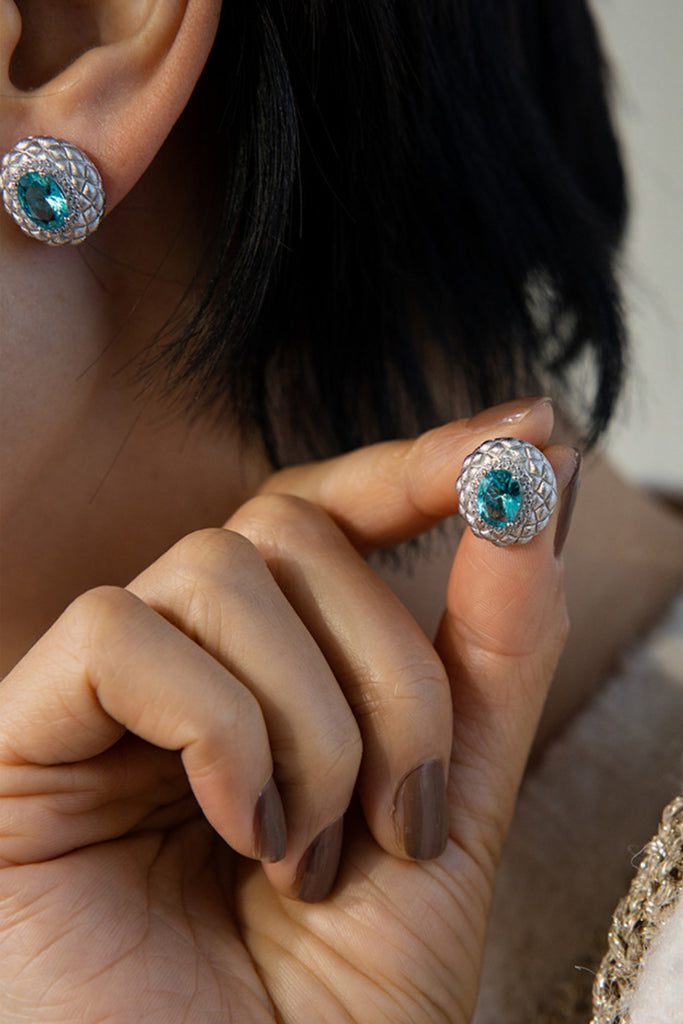 Sterling Silver Paraiba Tourmaline Halo Stud Earrings with Italian Rigato Lattice  Fibflx