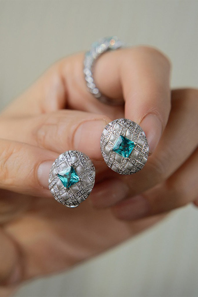 Sterling Silver Paraiba Tourmaline Quilted Stud Earrings with Italian Rigato Finish  Fibflx