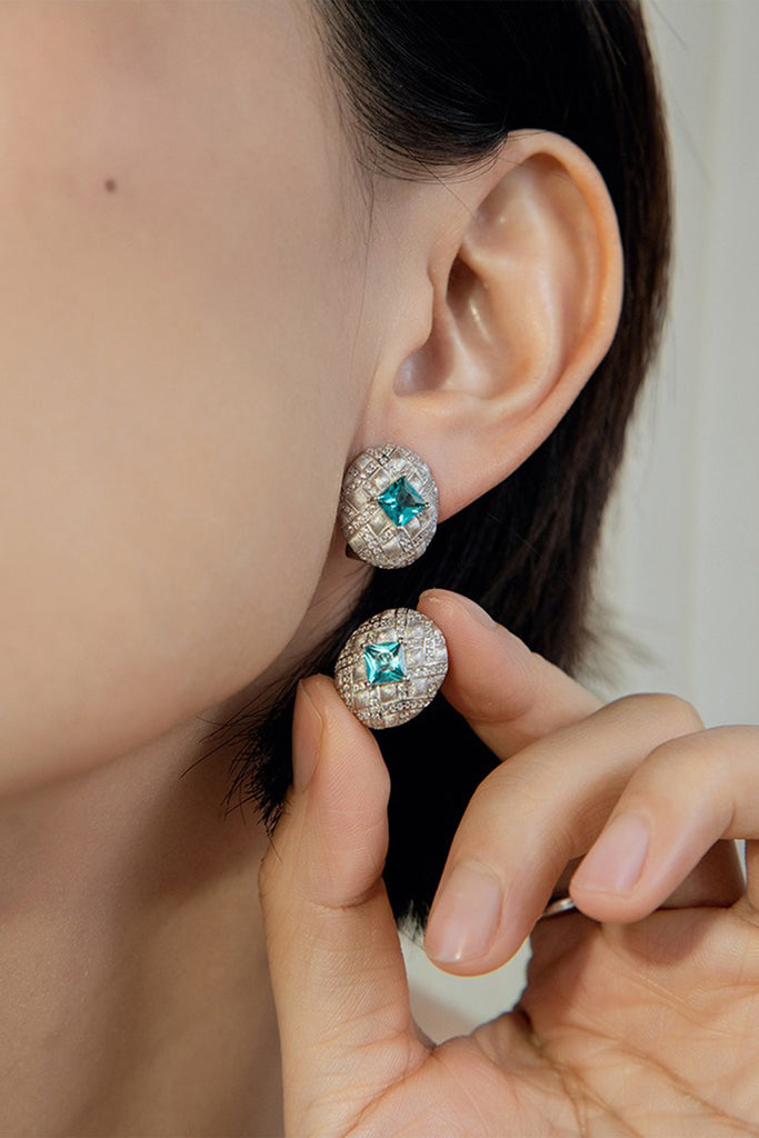Sterling Silver Paraiba Tourmaline Quilted Stud Earrings with Italian Rigato Finish  Fibflx