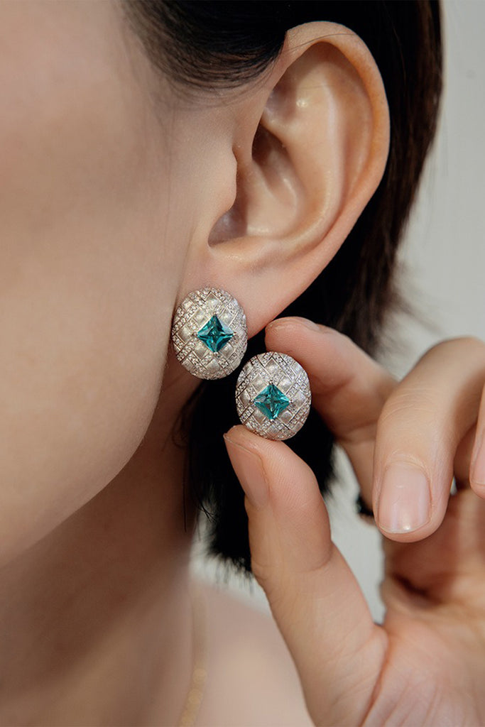 Sterling Silver Paraiba Tourmaline Quilted Stud Earrings with Italian Rigato Finish  Fibflx