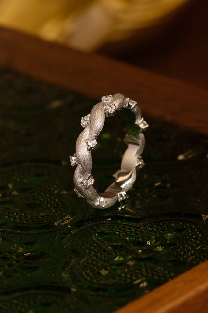 Sterling Silver Twisted Cubic Zirconia Band Ring with Italian Rigato Finish  Fibflx