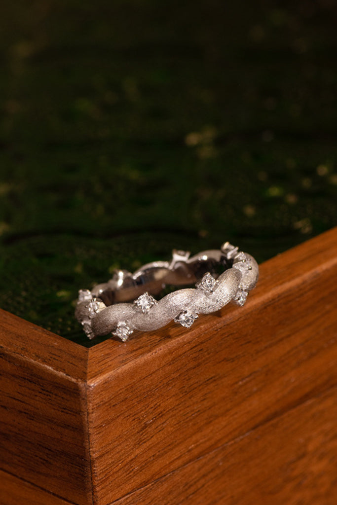 Sterling Silver Twisted Cubic Zirconia Band Ring with Italian Rigato Finish  Fibflx