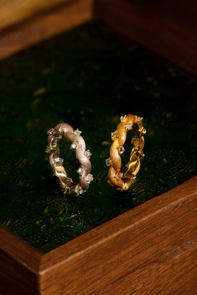 Sterling Silver Twisted Cubic Zirconia Band Ring with Italian Rigato Finish  Fibflx