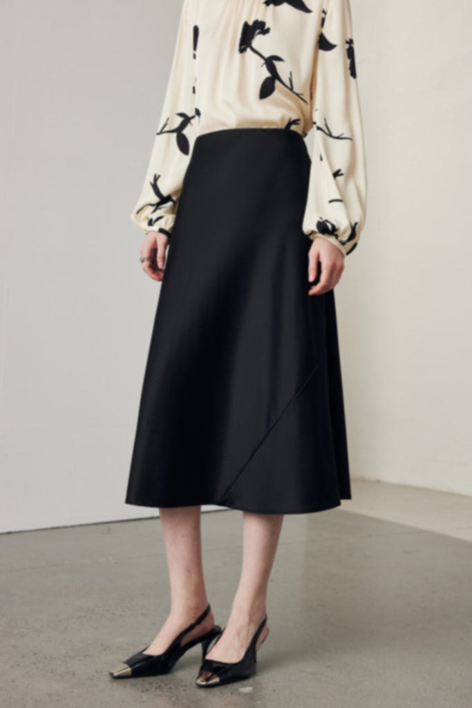 Stretch Silk A-Line Slip Midi Skirt XL / Black / 90% Mulberry Silk 10% Spandex Fibflx